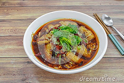 Sichuan spicy boiled fish hot pot with red hot spicy dried chilli & peppercorns. Asia China Chongqing Chengdu authentic food Stock Photo