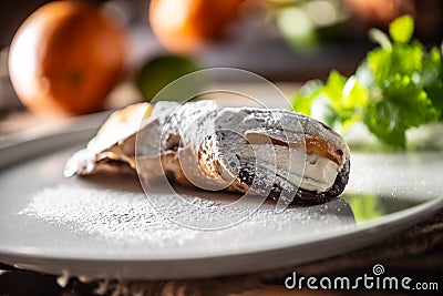 Sicilian Cannoli sweet dessert topped with sugar served on a plate Stock Photo