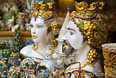 Sicilian ceramic art. The Moorish heads. Stock Photo