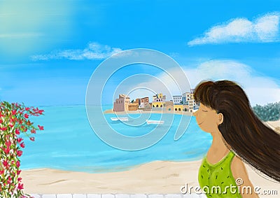 Sicilian landscape on blue sea with girl in european italian travel Cartoon Illustration