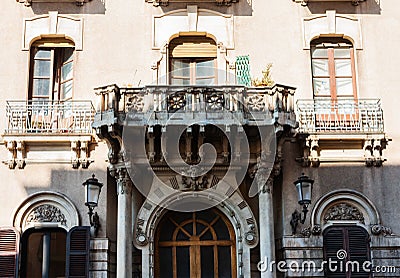 Sicily, facade of old baroque building in Catania, old street with traditional architecture of Italy Stock Photo