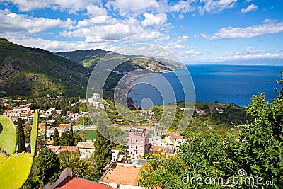 Sicily, Italy. Ionian sea and beautiful mountains landscape in bright summer day, Taormina Stock Photo