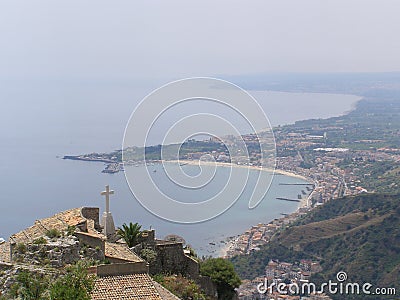 Sicily Taormina View From From Castelmolla Over a Bay Stock Photo