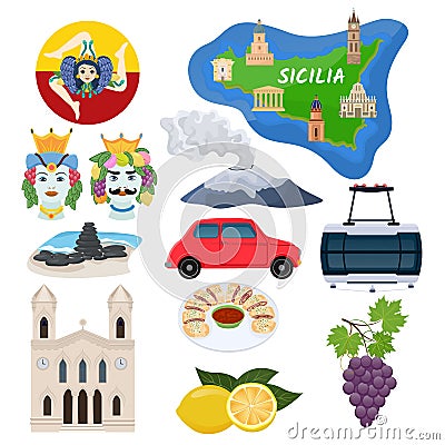 Sicily vector Sicilian island map with cathedral architecture art culture and traditional Italian food illustration Vector Illustration