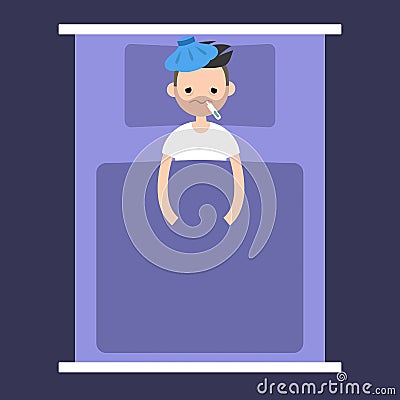 Sick bearded man lying under the blanket with an ice pack on his Vector Illustration