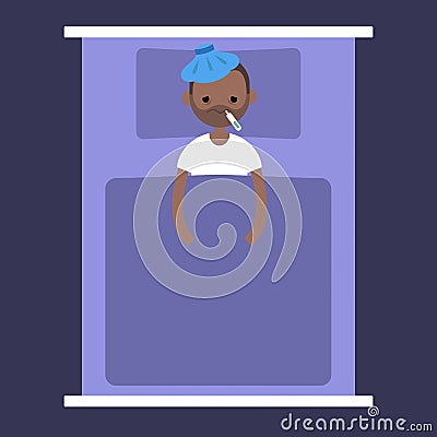 Sick black man lying under the blanket with an ice pack Vector Illustration