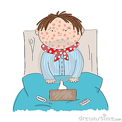 Sick boy with chickenpox, measles, rubeola or skin rash Vector Illustration