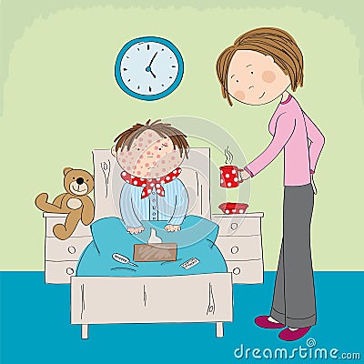 Sick boy with chickenpox, measles, rubeola or skin rash Vector Illustration
