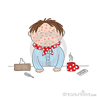 Sick boy with chickenpox, measles, rubeola or skin rash Vector Illustration