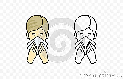 Sick boy or child blowing her nose or sneezing into handkerchief, graphic design Vector Illustration