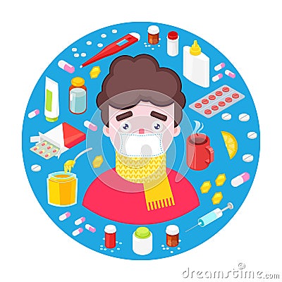 Sick boy with drugs Vector Illustration