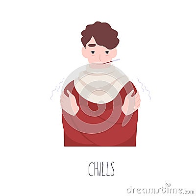 Sick boy feeling chills or shakes. Cute man suffering from fever, influenza. Sad guy measuring body temperature. Symptom Vector Illustration