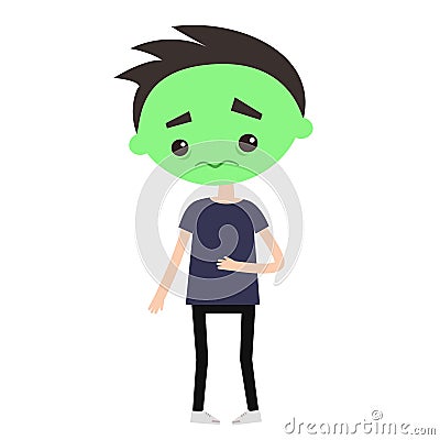 Sick boy with green face cartoon illustration Cartoon Illustration