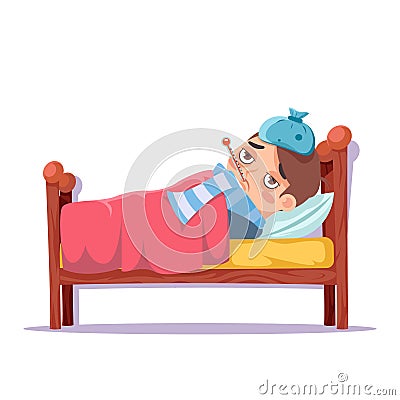 Sick boy lying in bed ill cold flu disease illness virus cartoon male character design vector illustration Vector Illustration