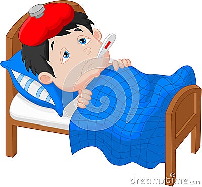 Sick boy lying in bed Vector Illustration