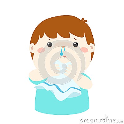 Sick boy runny nose . Vector Illustration