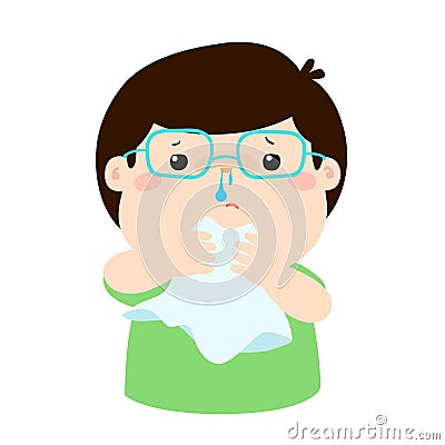 Sick boy runny nose . Vector Illustration