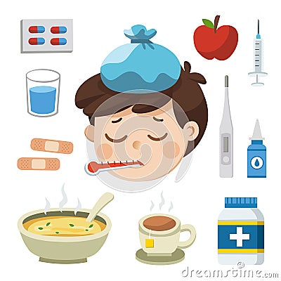 Sick Boy with thermometer in his mouth. Bad feeling. Vector Illustration