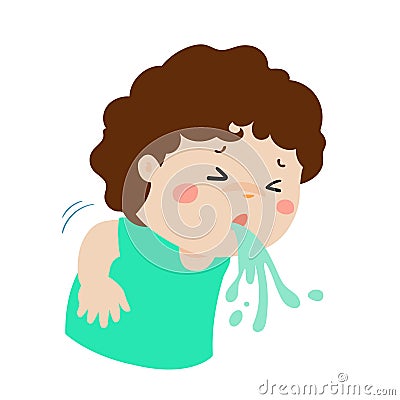 Sick boy vomiting cartoon . Vector Illustration