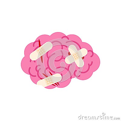 Sick brain with bandages. Wounded brains with plaster Vector Illustration