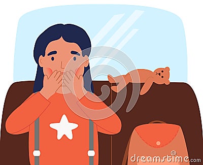 Sick in the car. Girl, child in the back seat of car. Feeling unwell, nausea, vomiting, motion sickness. The child covered his Vector Illustration