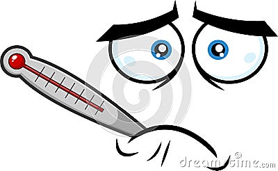 Sick Cartoon Funny Face With Tired Expression And Thermometer Vector Illustration
