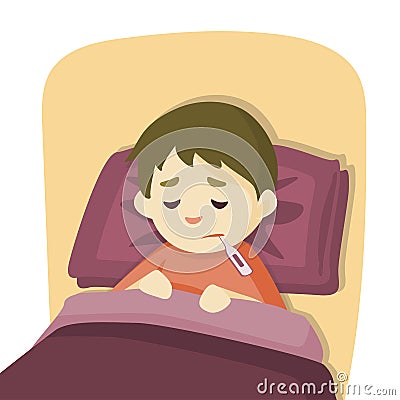 Sick child boy lying in bed with a thermometer in mouth and feel so bad with fever, cartoon illustration Vector Illustration