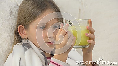 Sick Child Face Drinking Drugs, Sad Ill Girl, Kid Portrait with Medicament, Sofa Stock Photo