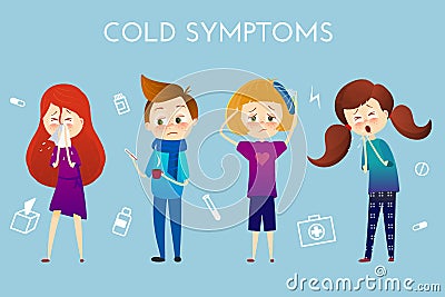 Sick child with fever, illness . Boy and girl with sneeze, high temperature, sore throat, heat, cough, headache, Vector Vector Illustration