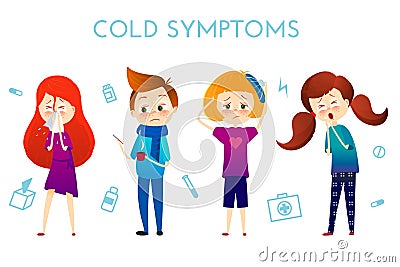 Sick child with fever, illness . Boy and girl with sneeze, high temperature, sore throat, heat, cough, headache, Vector Vector Illustration