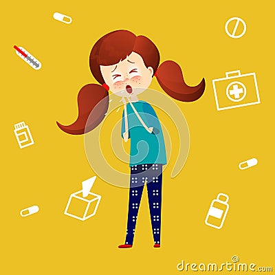 Sick child with fever and illness . Kid catch cold. Young girl got flu and coughing. Sickness symthtomps vector Vector Illustration