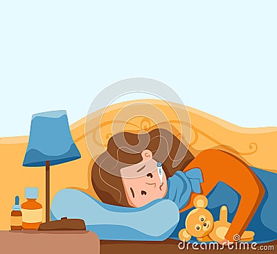 Sick child with fever with thermometer in mouth Vector Illustration