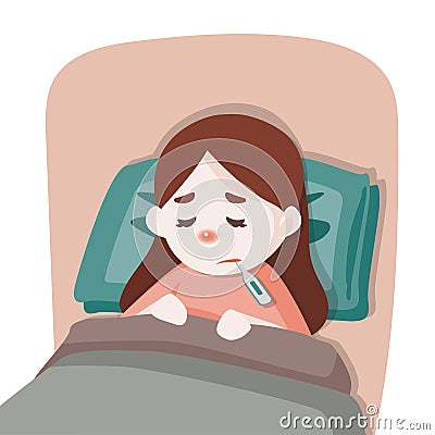 Sick child girl lying in bed with a thermometer in mouth and feel so bad with fever, vector cartoon illustration Vector Illustration