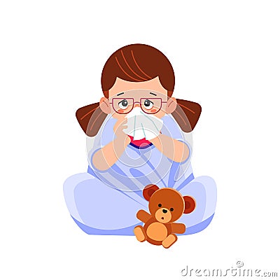 Sick child girl sitting in bed with toy bear and blowing her nose, feel so bad with fever. Cartoon vector illustration Vector Illustration