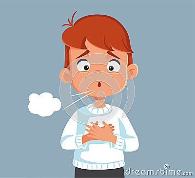 Little Boy with Hard Breathing Problems Coughing Vector Illustration Vector Illustration