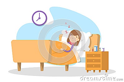 Sick child sleeping in the bed. Little kid Vector Illustration