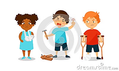 Sick Children Feeling Unwell and Suffering from Pain Vector Illustration Set Vector Illustration