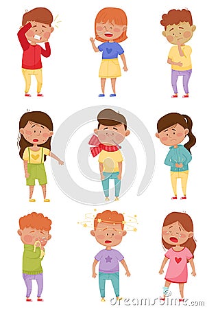 Sick Children Standing and Feeling Unwell Vector Illustrations Set Vector Illustration