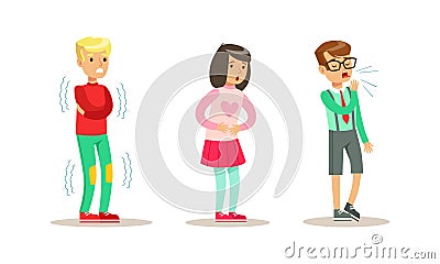Sick Children Suffering from Different Symptoms Set, Boy and Girl Having Trembling, Cough, Stomachache Cartoon Vector Vector Illustration