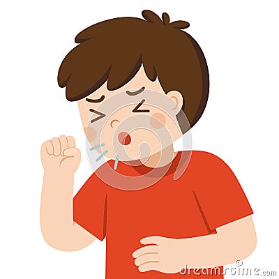 Sick cute boy is coughing as symptom for cold. Stock Photo