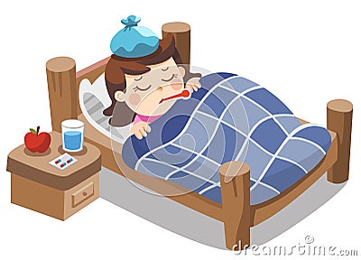 Sick cute girl feel so bad with fever. Vector Illustration