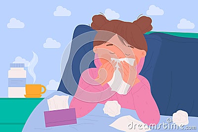 Sick cute little girl with cold flu, cough, sneeze or allergy, sad kid with runny nose Vector Illustration