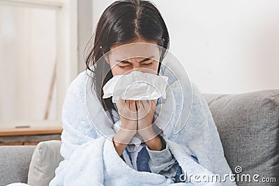 Asian woman has runny and common cold Stock Photo
