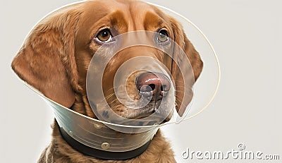 A sick dog sits with a medical collar on a background of green grass. AI generated Stock Photo