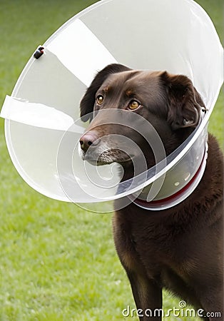 A sick dog sits with a medical collar on a background of green grass. AI generated Stock Photo