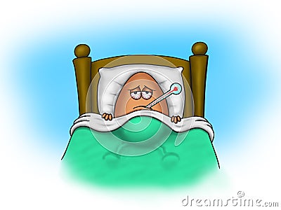 Sick egg lies in bed with thermometer in mouth Stock Photo