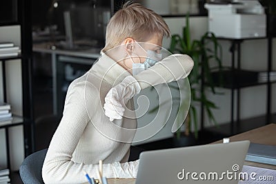 Sick female employee cough get covid-19 infection Stock Photo