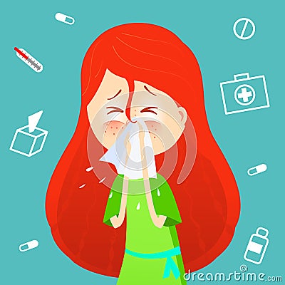 Sick girl. Allergy kid sneezing. Vector cartoon illustration. ill child with flu or virus. Health care concept. Runing Vector Illustration