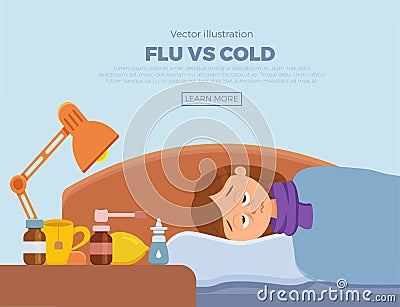 Sick girl in bed with the symptoms of cold, flu. Vector Illustration