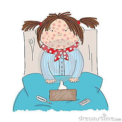 Sick girl with chickenpox, measles, rubeola or skin rash Vector Illustration